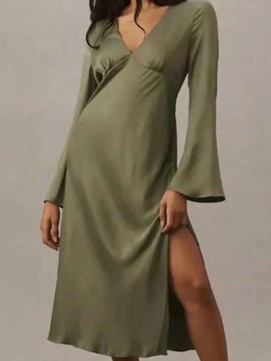 BHLDN Dresses & Skirts - NWT BHLDN Anthropologie Avani Satin Olive Green V-Neck Long Sleeve Midi Dress S